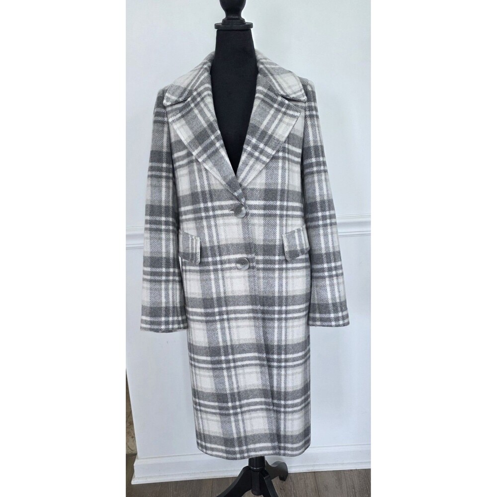 Calvin Klein Gray White Plaid Wool Blend Long Coat Size 6 Button Front